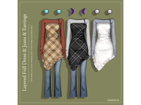 Alpha [RIMINGS] Layered Frill Dress Jeans Earrings - The Sims 4 Custom Content