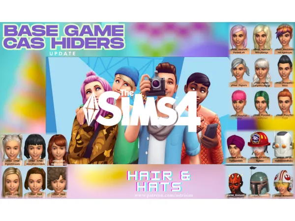 Mix Base Game CAS Hiders Update Hair Hats Pack by AstriSim - The Sims 4 Custom Content
