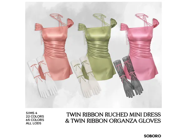Alpha SOBORO Twin Ribbon Ruched Mini Dress Twin Ribbon Organza Gloves - The Sims 4 Custom Content