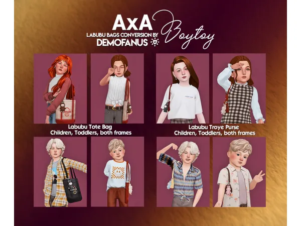 Maxis Match AxA Boytoy Labubu Bags conversion for children by demofanus - The Sims 4 Custom Content