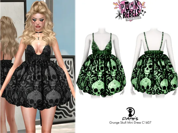 Alpha PUNK REBEL Grunge Skull Mini Dress C1607 by Daph's - The Sims 4 Custom Content