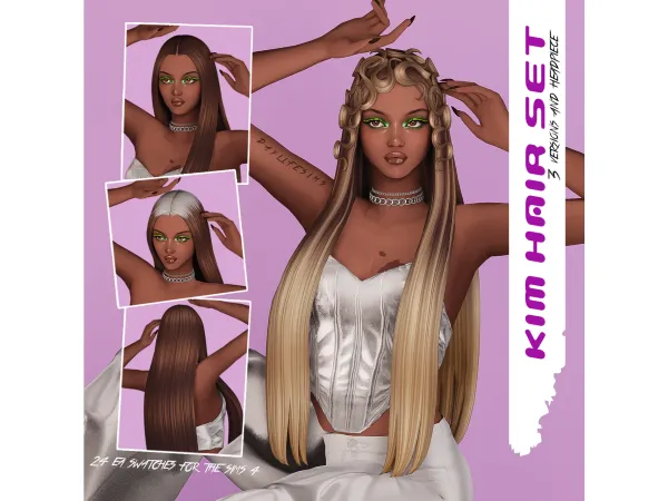 Maxis Match KIM HAIR SET 3 versions and Headpiece - The Sims 4 Custom Content