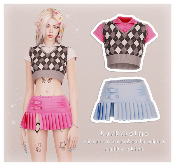 Alpha Sweater vestPolo shirtAnika skirt by simsfinds - The Sims 4 Custom Content