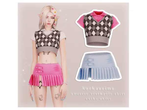 Alpha Sweater vestPolo shirtAnika skirt by korkassims - The Sims 4 Custom Content