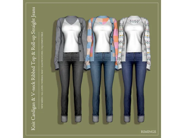 Alpha [RIMINGS] Knit Cardigan V neck Ribbed Top Roll up Straight Jeans - The Sims 4 Custom Content