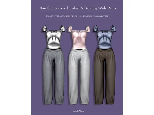 Alpha [RIMINGS] Bow Short sleeved T shirt Banding Wide Pants - The Sims 4 Custom Content