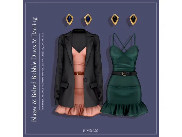 Alpha [RIMINGS] Blazer Belted Bubble Dress Earring - The Sims 4 Custom Content
