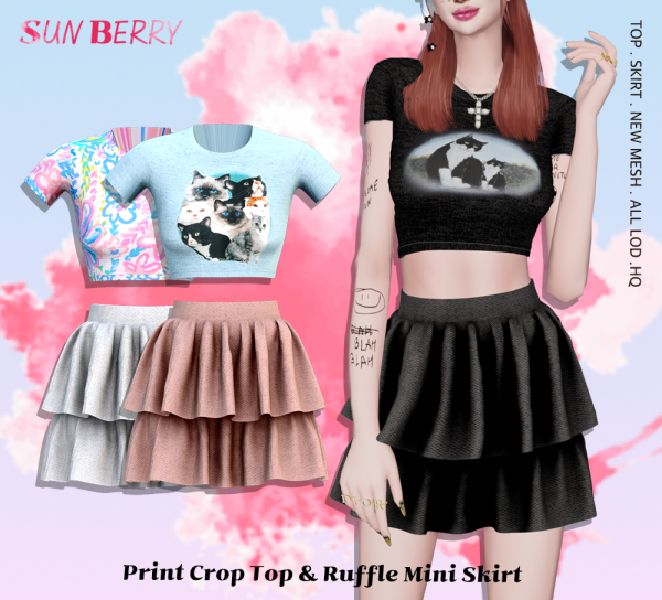 Alpha [SUNBERRY] Print Crop Top Ruffle Mini Skirt by simsfinds - The Sims 4 Custom Content