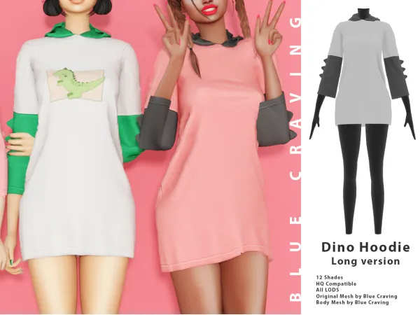 Alpha Dino Hoodie Long version by Blue Craving - The Sims 4 Custom Content