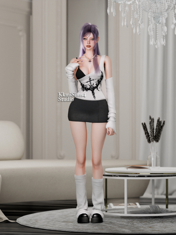 Alpha Asymmetric printed T shirt set knitted leg warmers chunky shoes by simsfinds - The Sims 4 Custom Content