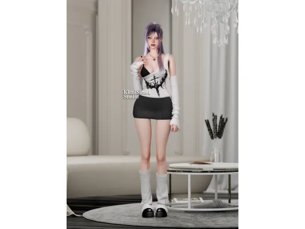 Alpha Asymmetric printed T shirt set knitted leg warmers chunky shoes by KkmiSims4 - The Sims 4 Custom Content