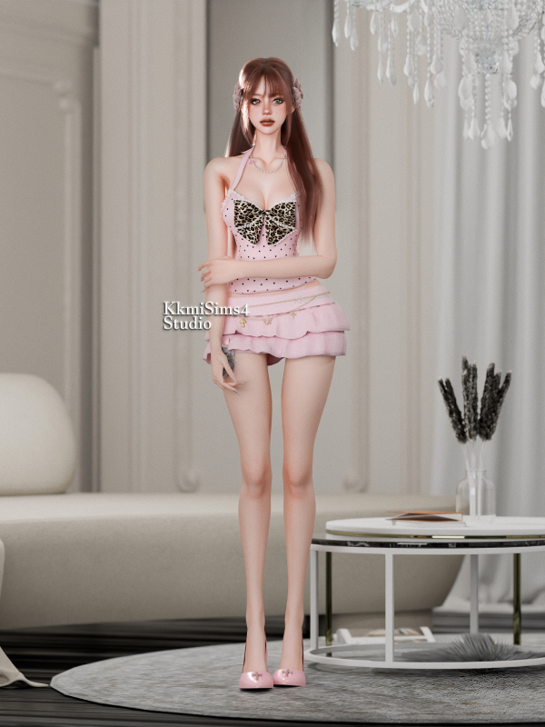 Mix Halter neck double bow lace cake dress set by simsfinds - The Sims 4 Custom Content