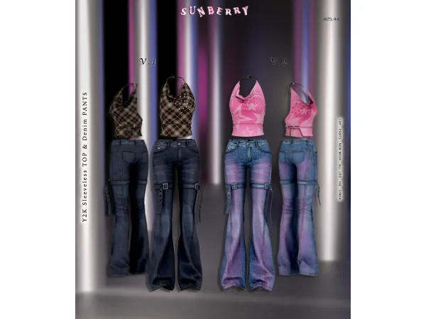 Alpha [SUNBERRY] 2544 Y2K Sleeveless TOP Denim PANTS - The Sims 4 Custom Content