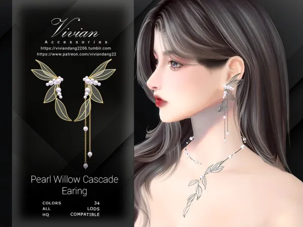 Alpha Pearl Willow Cascade Earing by VivianDang - The Sims 4 Custom Content