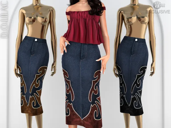 Alpha Embroidered Denim Midi Skirt DO0922 - The Sims 4 Custom Content