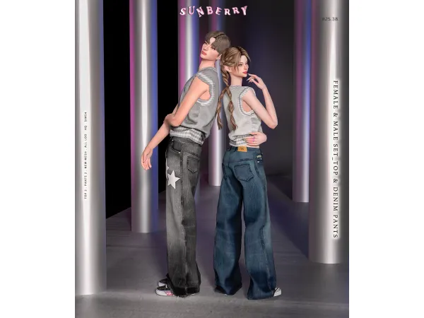Alpha [SUNBERRY]2538_FEMALE MALE SET_TOP DENIM PANTS - The Sims 4 Custom Content