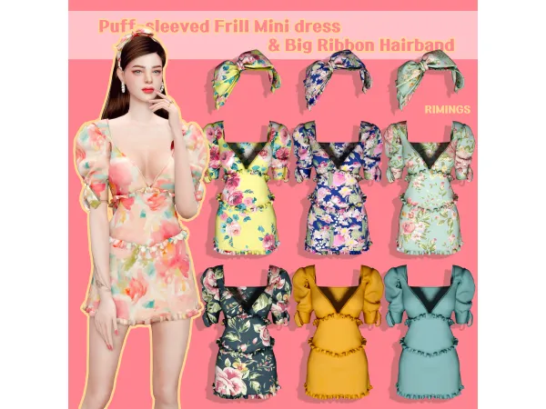 Alpha [RIMINGS] Puff sleeved Frill Mini dress Big Ribbon Hairband - The Sims 4 Custom Content