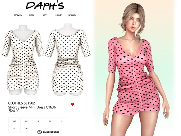 Alpha Daph's Clothes SET502 Short Sleeve Mini Dress C1636 by daphsmods - The Sims 4 Custom Content