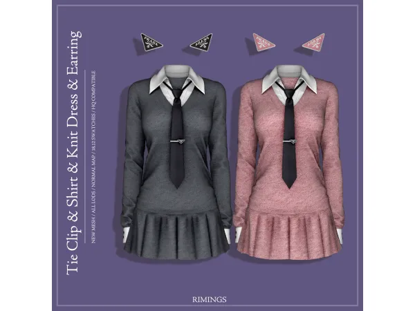 Alpha [RIMINGS] Tie Clip Shirt Knit Dress Earring - The Sims 4 Custom Content