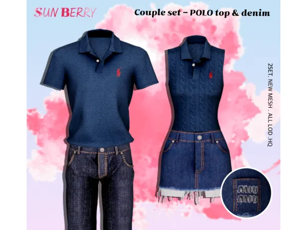 Alpha Couple set POLO top denim by SUNBERRY - The Sims 4 Custom Content