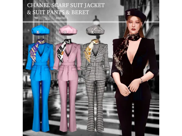 Alpha [RIMINGS] CHANEL Scarf Suit Jacket Pants Beret - The Sims 4 Custom Content