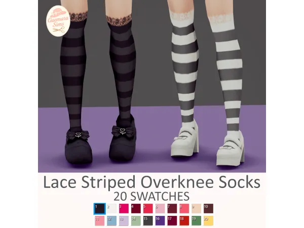 Maxis Match Lace Striped Overknee Socks by Guemara - The Sims 4 Custom Content