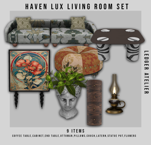 Alpha Haven Lux Living Room Set (All Tiers) by ledger_atelier - The Sims 4 Custom Content