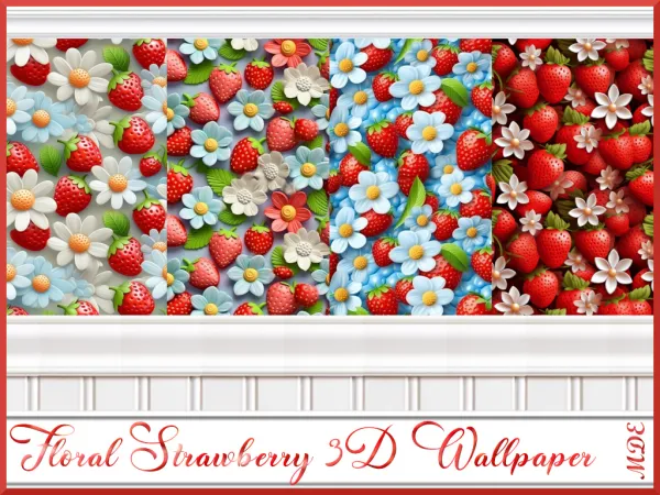 Alpha Floral Strawberry 3D Wallpaper by _MDE_ - The Sims 4 Custom Content