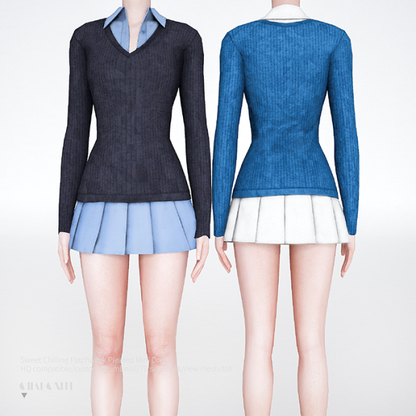Alpha Sweet Chilling Patchwork Pleated Mini Dress by simsfinds - The Sims 4 Custom Content