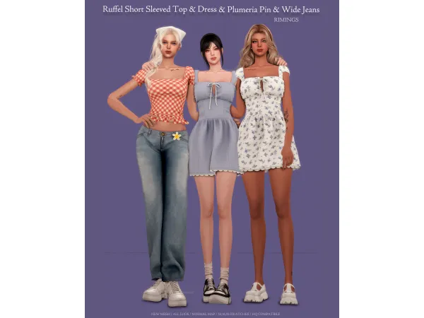 Alpha [RIMINGS] Ruffle Short Sleeved Top Dress Plumeria Pin Wide Jeans - The Sims 4 Custom Content
