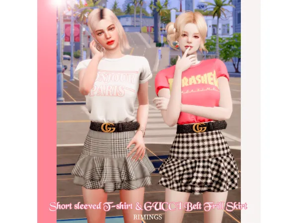 Alpha [RIMINGs] Short sleeved T shirt GUCCI Belt Frill Skirt - The Sims 4 Custom Content