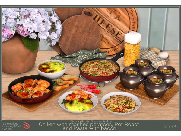 Alpha Pots roast Chicken legs with potatoes and Pasta with bacon by Somik_Severinka - The Sims 4 Custom Content