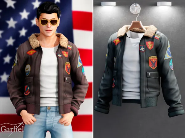 Mix Adult Aviator bomber jacket with embroidered patches by Garfiel - The Sims 4 Custom Content