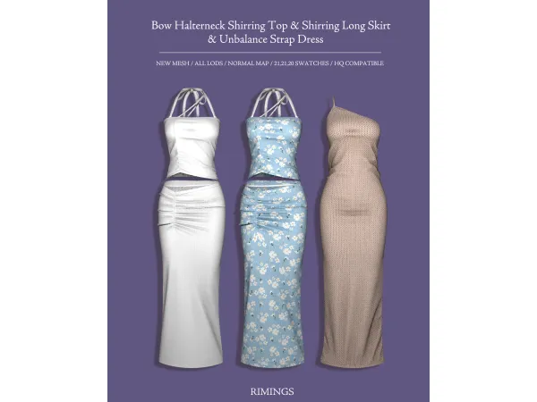 Alpha [RIMINGS] Bow Halterneck Shirring Top Shirring Long Skirt Unbalance Strap Dress - The Sims 4 Custom Content