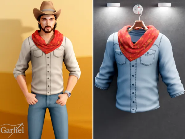 Sims 4 Maxis Mix Male Denim Tops CC: Adult - Western shirt with bandana detail by Garfiel