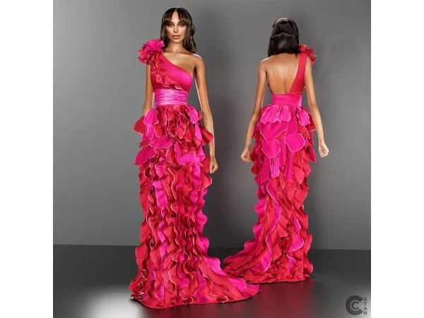 Alpha One shoulder Ruffled Organza Gown cool_content_star - The Sims 4 Custom Content