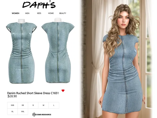 Alpha Daph's Denim Ruched Short Sleeve Dress C1651 - The Sims 4 Custom Content
