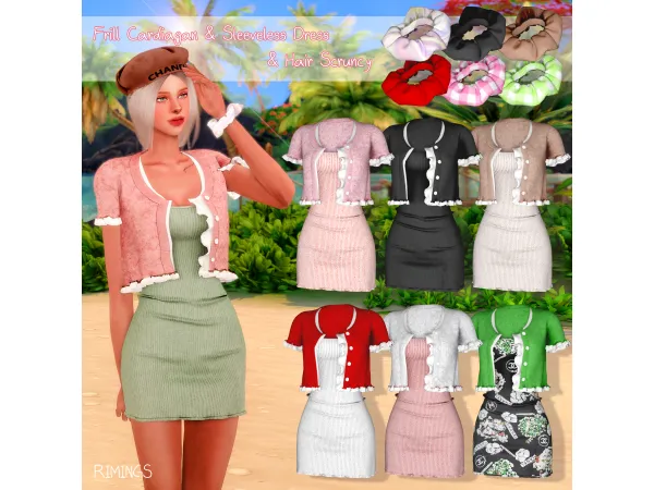 Alpha [RIMINGS] Frill Cardiagan Sleeveless Dress Hair Scruncy - The Sims 4 Custom Content