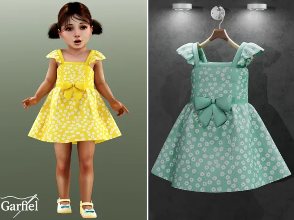 Mix Toddler Daisy print dress with big bow by Garfiel - The Sims 4 Custom Content