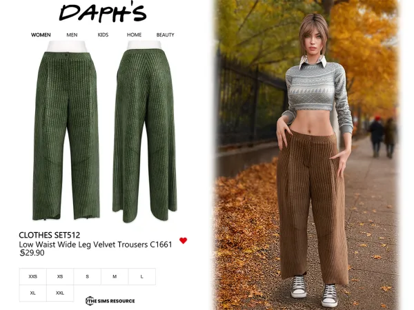 Alpha Daph's Clothes SET512 Low Waist Wide Leg Velvet Trousers C1661 - The Sims 4 Custom Content