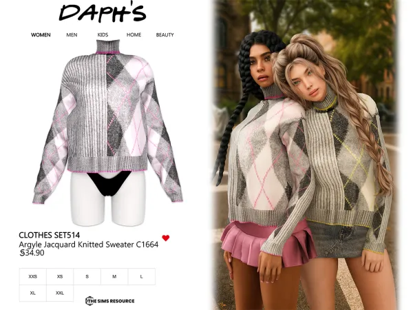 Alpha Daph's Clothes SET514 Argyle Jacquard Knitted Sweater C1664 - The Sims 4 Custom Content