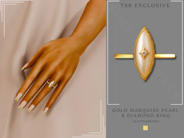 Alpha Gold Marquise Pearl and Diamond Ring by Glitterberryfly - The Sims 4 Custom Content