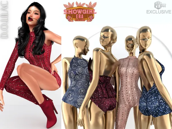 Alpha Showgirl Era Stone Embellished Asymmetric Bodysuit DO0988 - The Sims 4 Custom Content