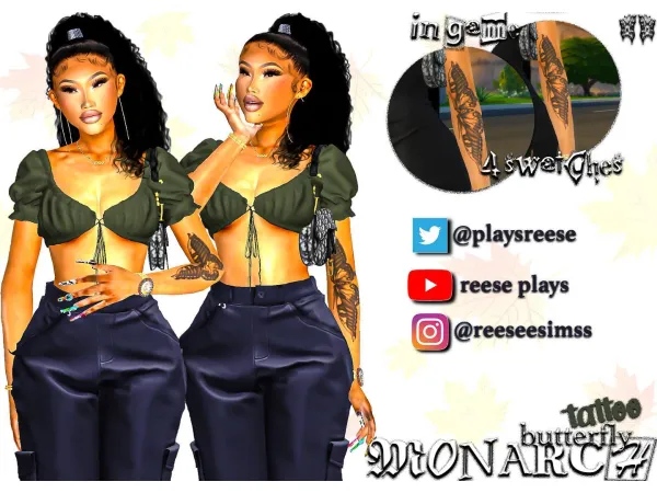 Mix Monarch butterfly tattoo by reeseplays - The Sims 4 Custom Content