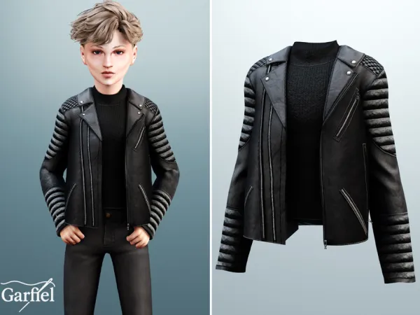 Alpha Child Black biker jacket with quilted sleeves by Garfiel - The Sims 4 Custom Content