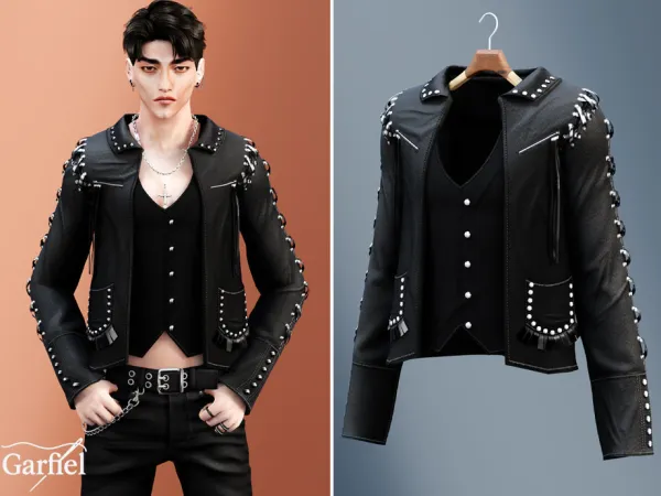 Alpha Adult Studded leather jacket with layered vest by Garfiel - The Sims 4 Custom Content
