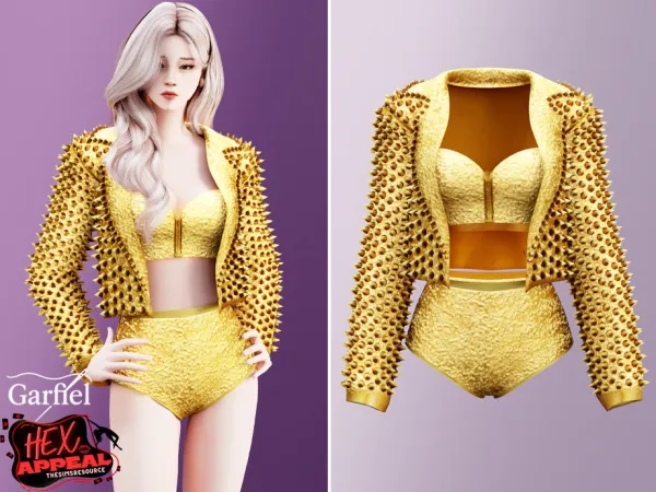Alpha Adult Golden spiked jacket and top set with bold glow by Garfiel - The Sims 4 Custom Content
