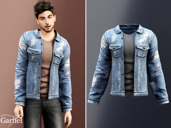 Alpha Adult Distressed denim jacket with casual t shirt underneath by Garfiel - The Sims 4 Custom Content