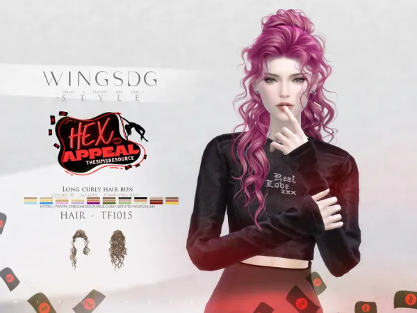 Alpha WINGS TF1015 Long curly hair bun by wingssims - The Sims 4 Custom Content
