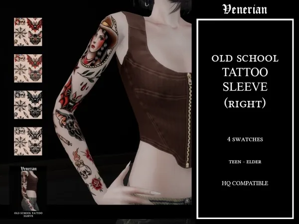 Mix Old School Tattoo Sleeve Right Arm (American Traditional) by Venerian - The Sims 4 Custom Content
